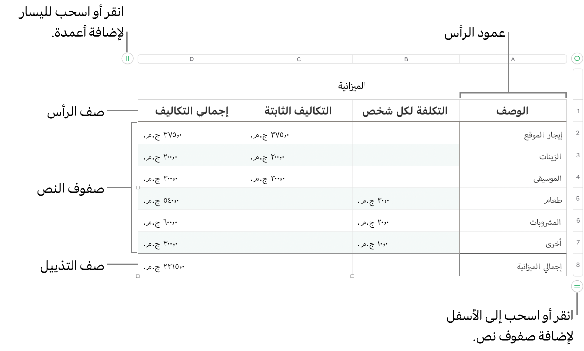 جدول يعرض أعمدة وصفوف الرأس، والمحتوى، والتذييل، والمقابض لإضافة الصفوف والأعمدة أو حذفها.