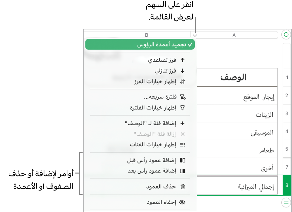 قائمة أعمدة الجدول وبها أوامر لإضافة أو حذف الصفوف والأعمدة.