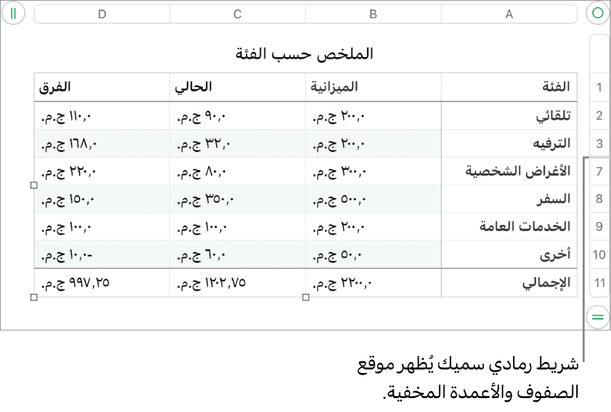 شريط رمادي سميك يُظهر موقع الصفوف والأعمدة المخفية