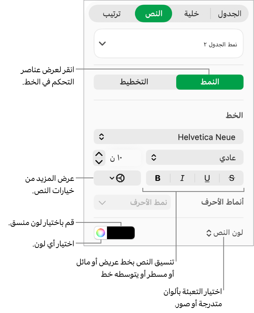 عناصر التحكم الخاصة بتطبيق أنماط نص الجدول.