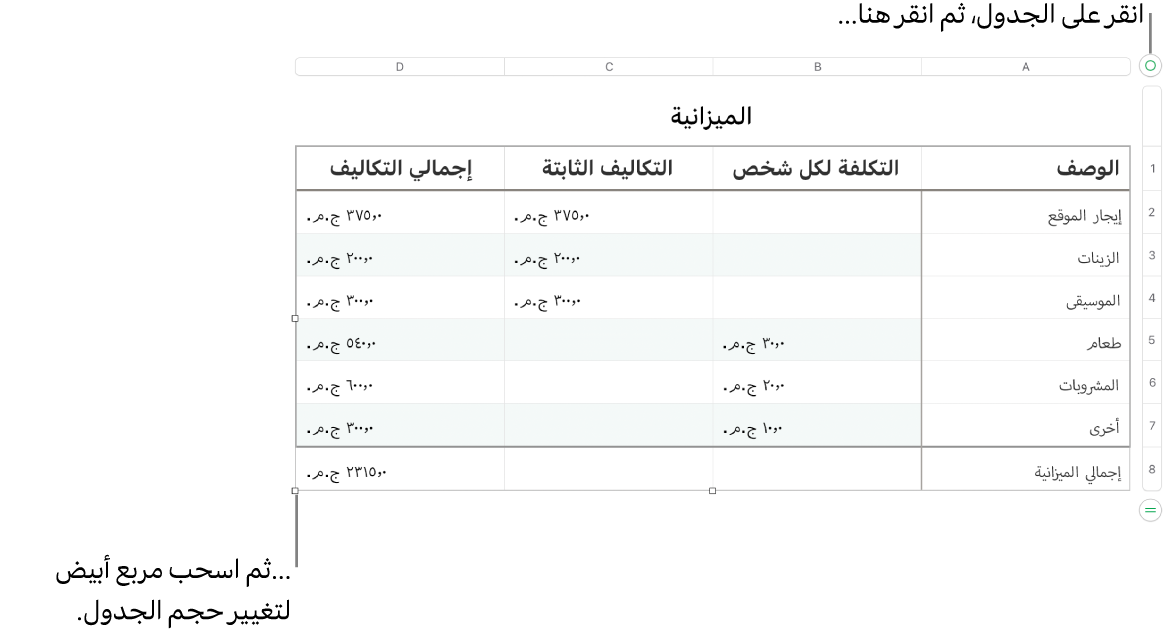 جدول محدد وبه مربعات بيضاء لتغيير الحجم.