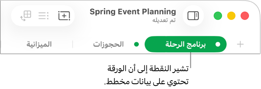 علامة تبويب لورقة تحتوي على نقطة تشير إلى أن هناك جدولاً في هذه الورقة مُشار إليه في المخطط الذي تحرّر بياناته حاليًا.