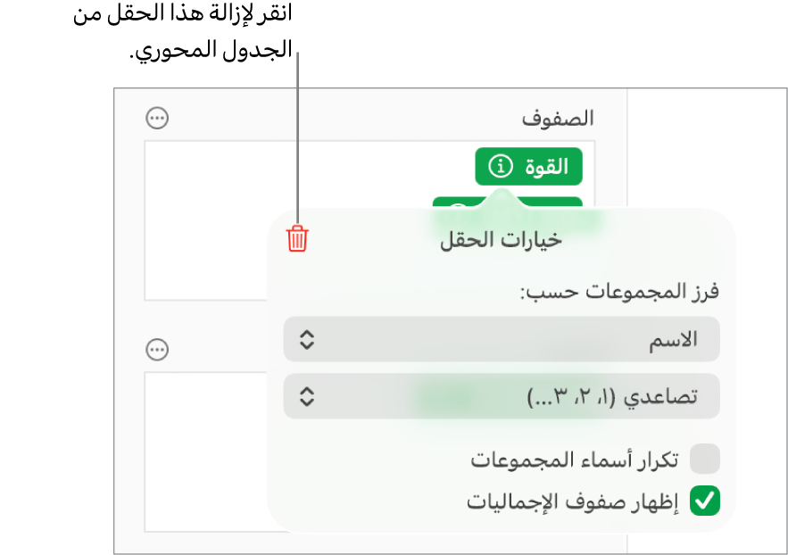قائمة خيارات الحقل تعرض عناصر التحكم لتجميع البيانات وفرزها، وكذلك خيار إزالة حقل.