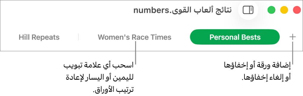 شريط علامات التبويب لإضافة ورقة جديدة وإعادة ترتيب الأوراق.