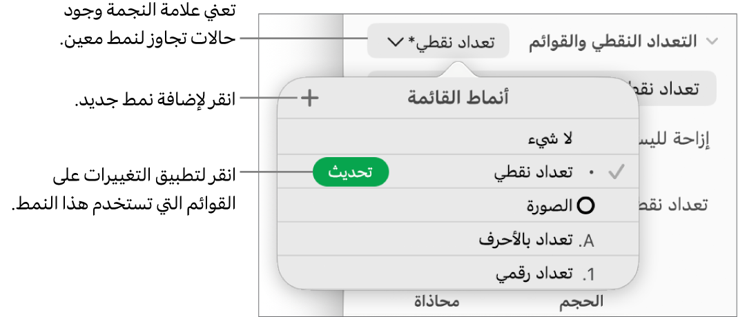 القائمة المنبثقة أنماط القائمة تعرض علامة نجمية تشير إلى تجاوز ووسائل شرح لزر نمط جديد وقائمة فرعية بخيارات لإدارة الأنماط.