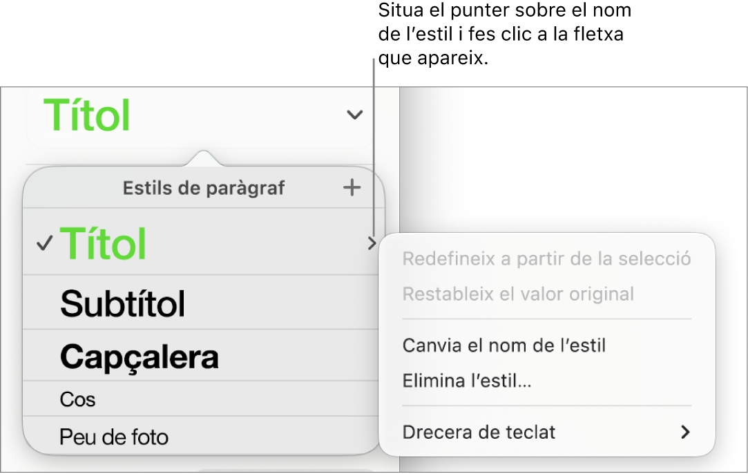 El menú “Estils de paràgraf” amb el menú de dreceres obert.