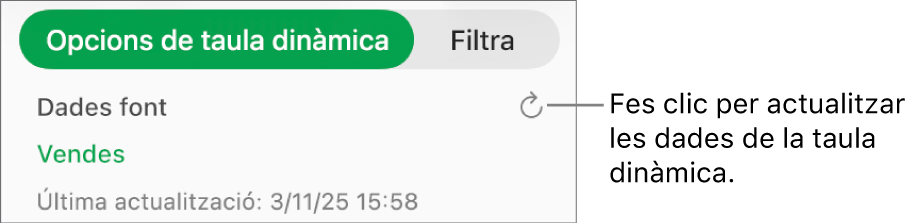 La pestanya “Opcions de taula dinàmica” que mostra l’opció per actualitzar la taula dinàmica.
