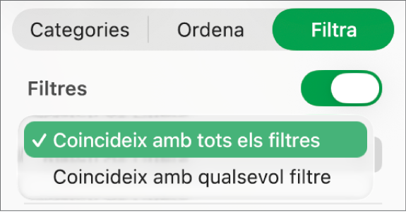 Menú desplegable per seleccionar entre les files mostrades que coincideixin amb tots els filtres o amb algun.