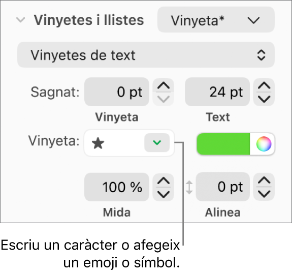 La secció “Vinyetes i llistes” de la barra lateral Format. El camp Vinyeta amb un emoji d’estrella.