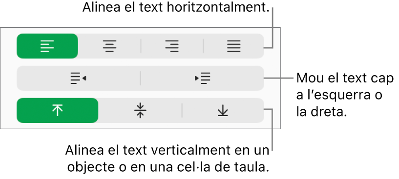 Secció Alineació de la barra lateral Format, amb llegendes per als botons d’alineació de text.