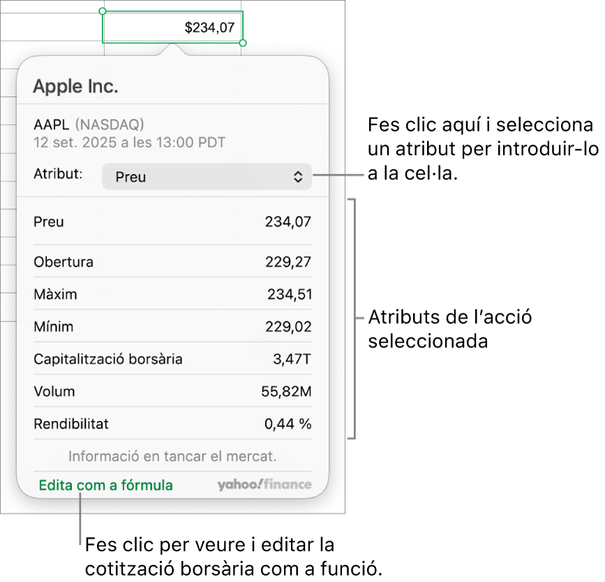 Diàleg per introduir informació d’atribut d’accions, amb Apple com a acció seleccionada.