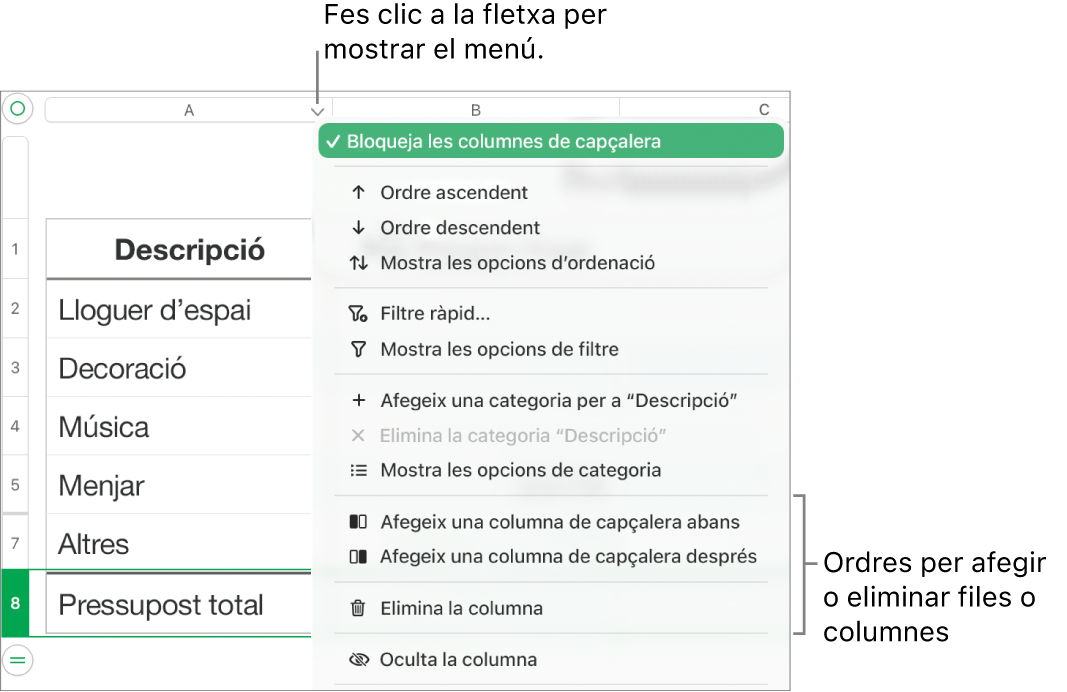 El menú de columna de taula, amb les opcions per afegir o eliminar files i columnes.