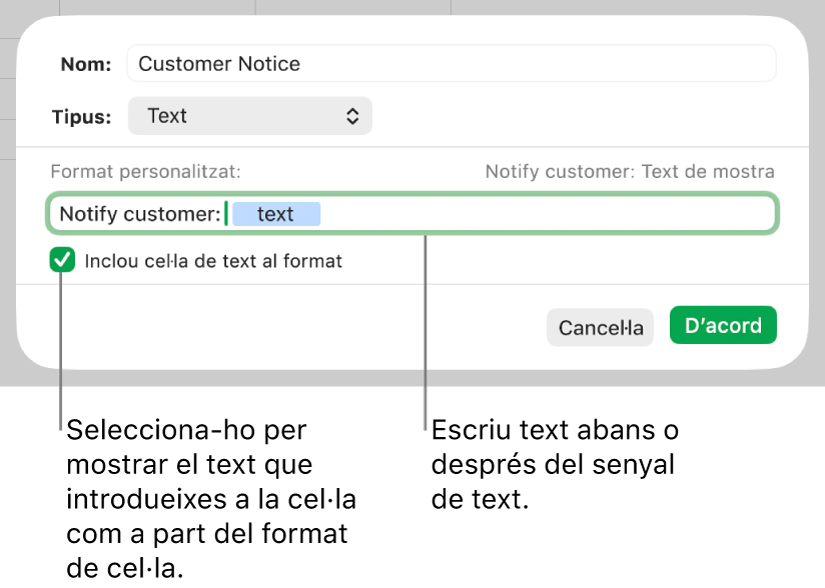 Format personalitzat de cel·la de text.