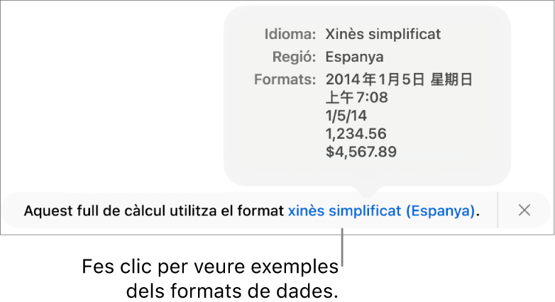 La notificació de la diferència de configuració d’idioma i regió, amb exemples del format d’aquell idioma i regió.
