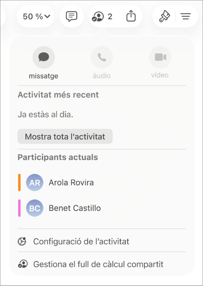 El menú “Col·laboració”, en què es mostren els noms de les persones que col·laboren al full de càlcul.
