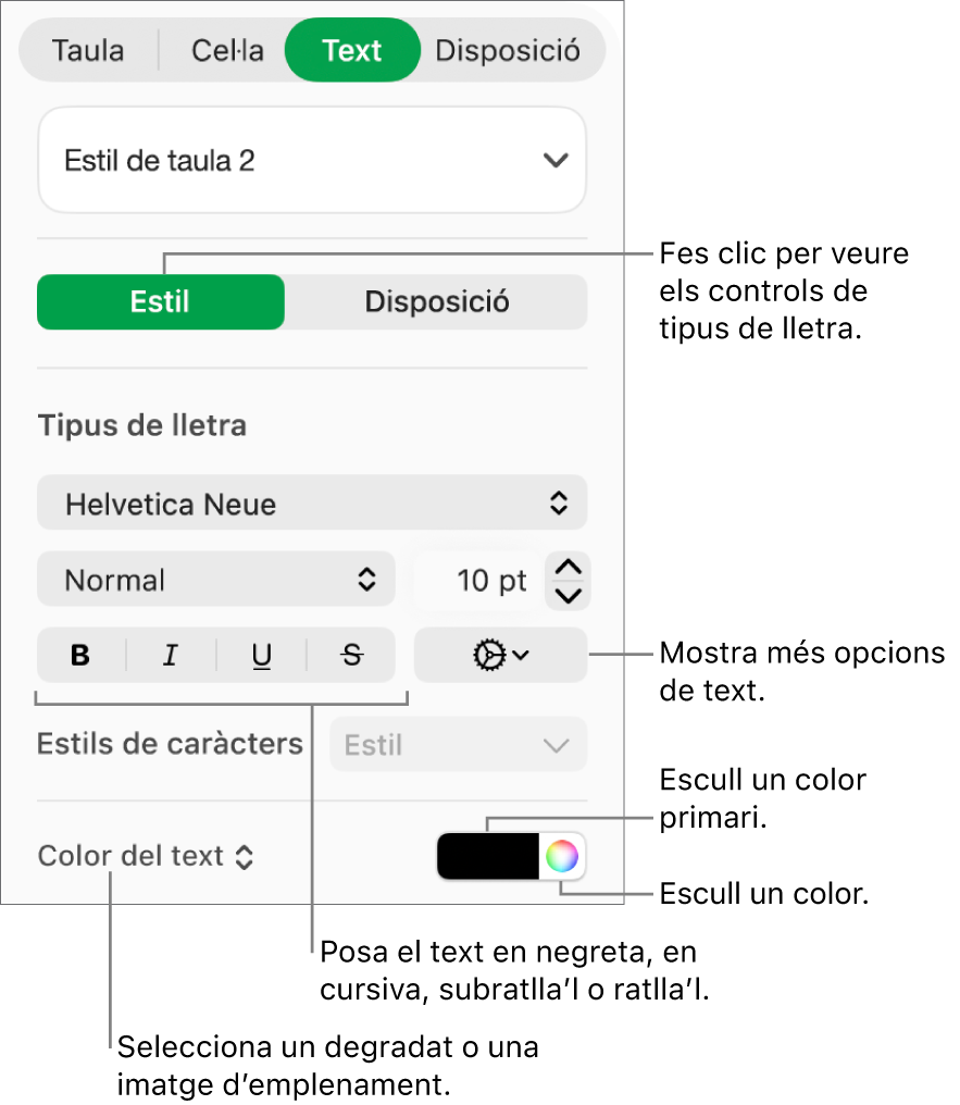 Els controls per aplicar un estil al text d’una taula.