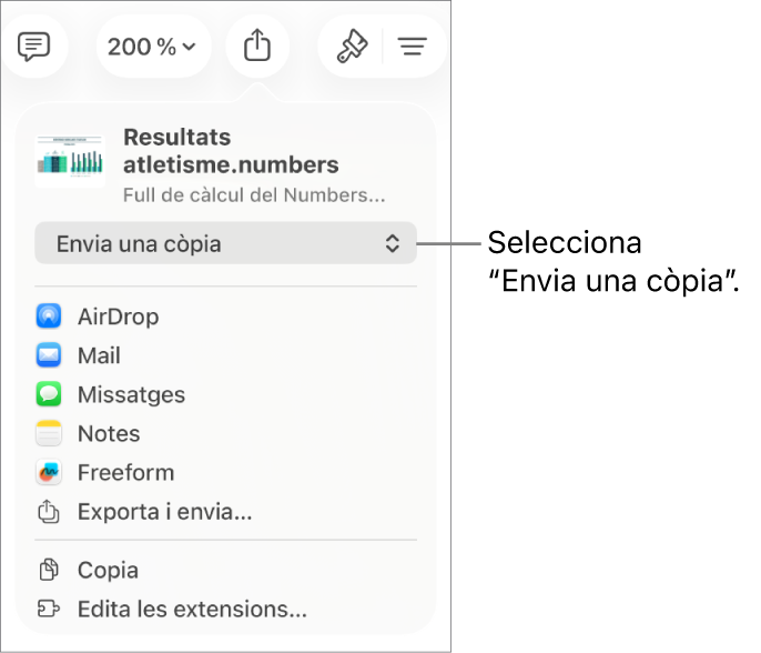 Menú “Comparteix” amb l’opció “Envia una còpia” seleccionada a la part superior.