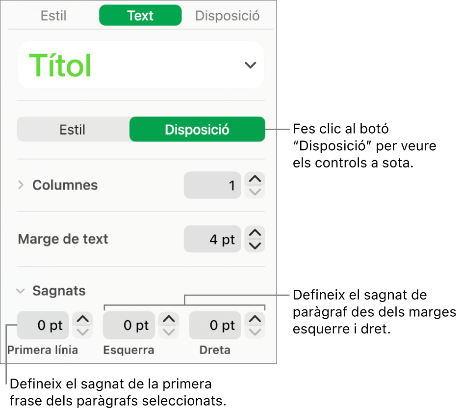 La secció Disposició de la barra lateral Format, amb controls per ajustar el sagnat de la primera línia i els marges de paràgraf.