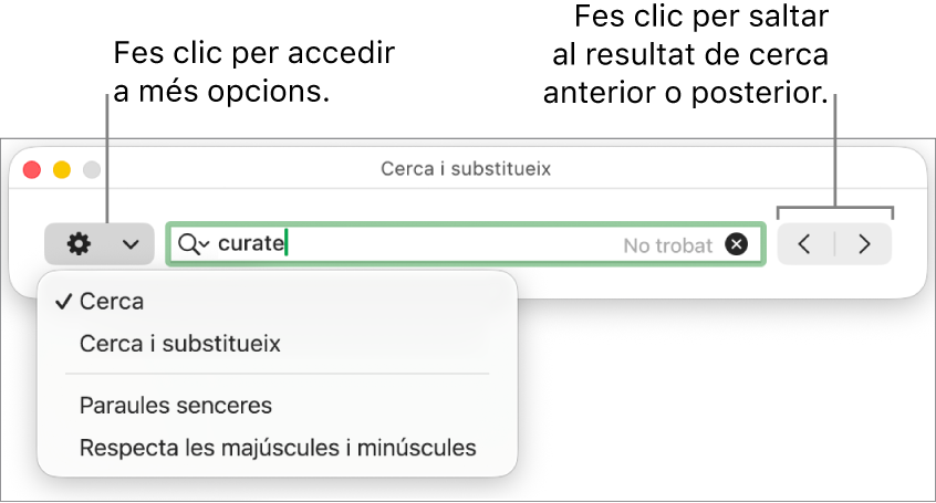 La finestra ““Cerca i substitueix”, amb el menú desplegable que mostra les opcions “Cerca”, “Cerca i substitueix”, “Paraules senceres” i “Respecta les majúscules i minúscules”. Les fletxes de la dreta permeten anar als resultats de cerca anteriors o posteriors.