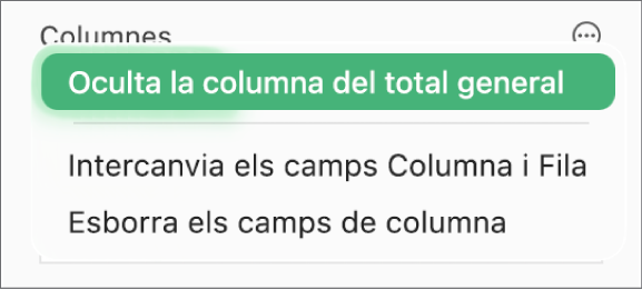 El menú “Més opcions de camp”, que mostra els controls per ocultar les sumes totals, intercanviar els camps de fila i de columna i esborrar els camps.