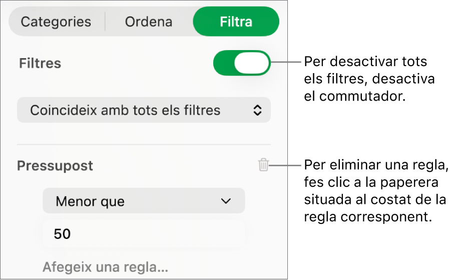 Controls per eliminar un filtre o desactivar-los tots.