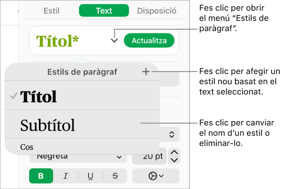 El menú “Estils de paràgraf” amb els controls per afegir o canviar un estil.