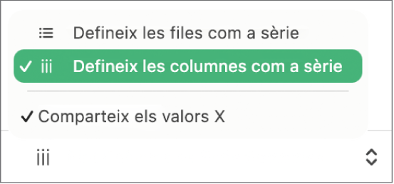 El menú desplegable per indicar si es representaran les files o les columnes com a sèrie.