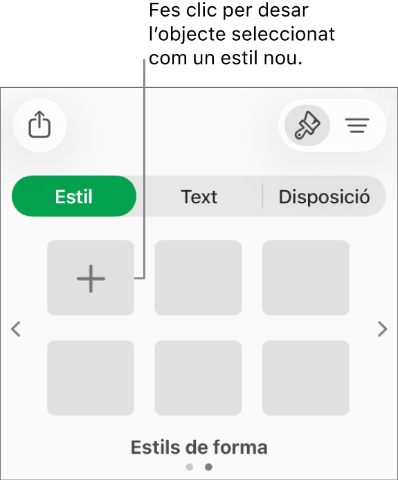 Pestanya “Estil” de la barra lateral “Format” amb quatre estils d’imatge, un botó “Crea un estil” i un marcador de posició d’estil buit.