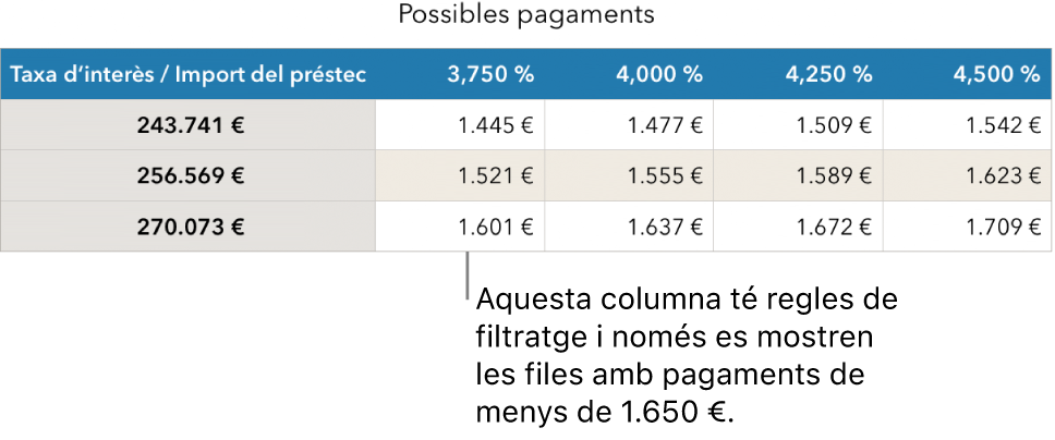 Una taula d’una hipoteca després de filtrar segons els tipus d’interès assequibles.