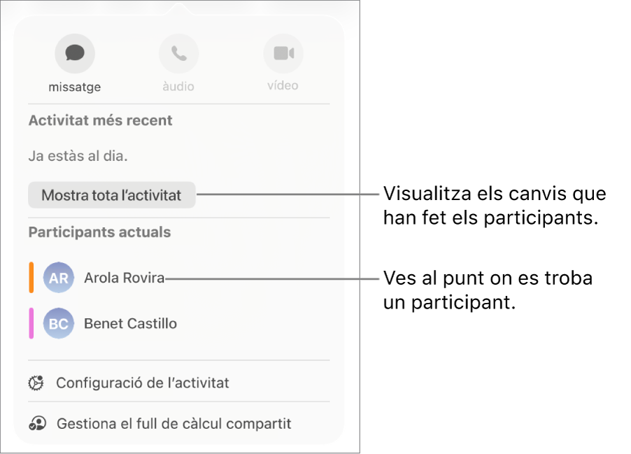 Menú de col·laboració amb una llista de dos participants actuals.