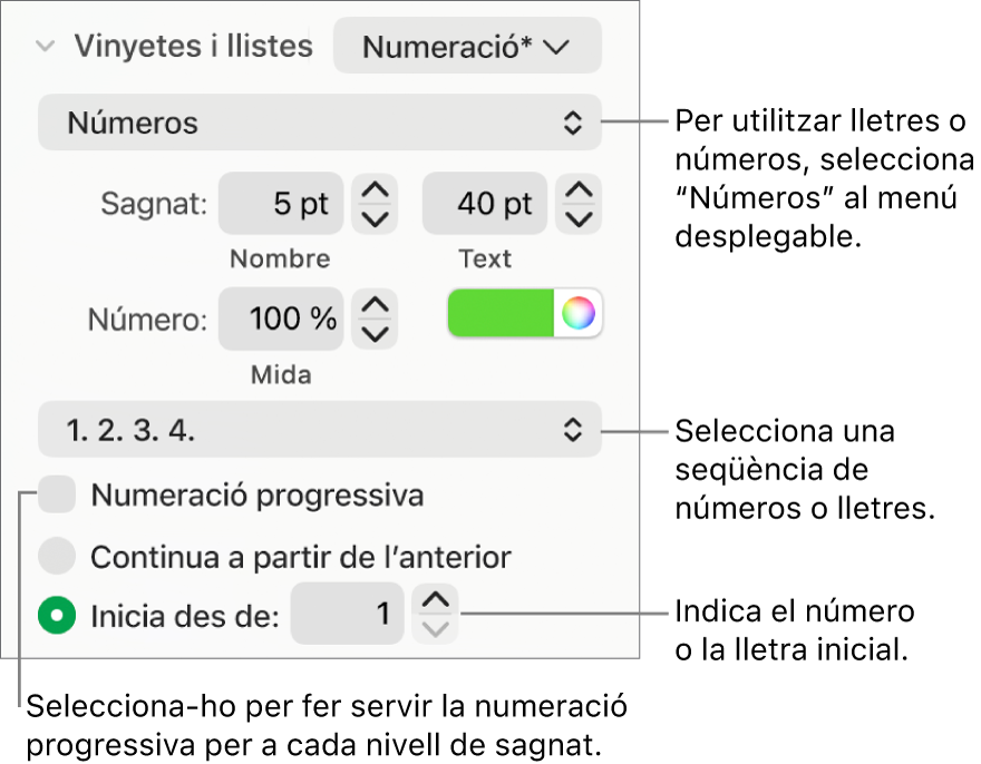 Controls per canviar l’estil dels números i l’espaiat d’una llista.