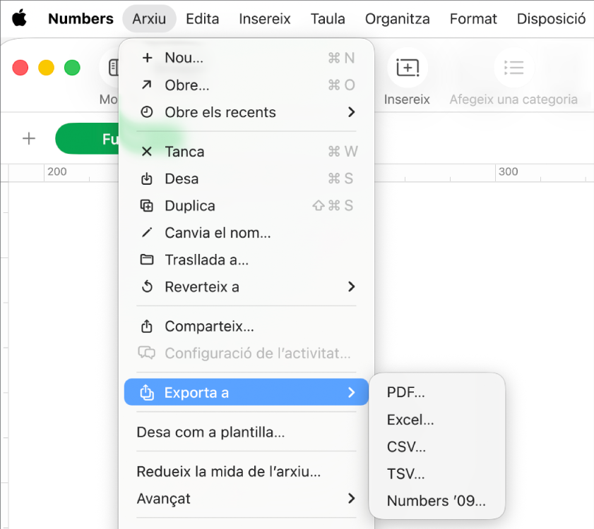 Menú “Arxiu” obert amb “Exporta a” seleccionat i el submenú corresponent, que mostra opcions d’exportació com ara PDF, Excel i CSV.