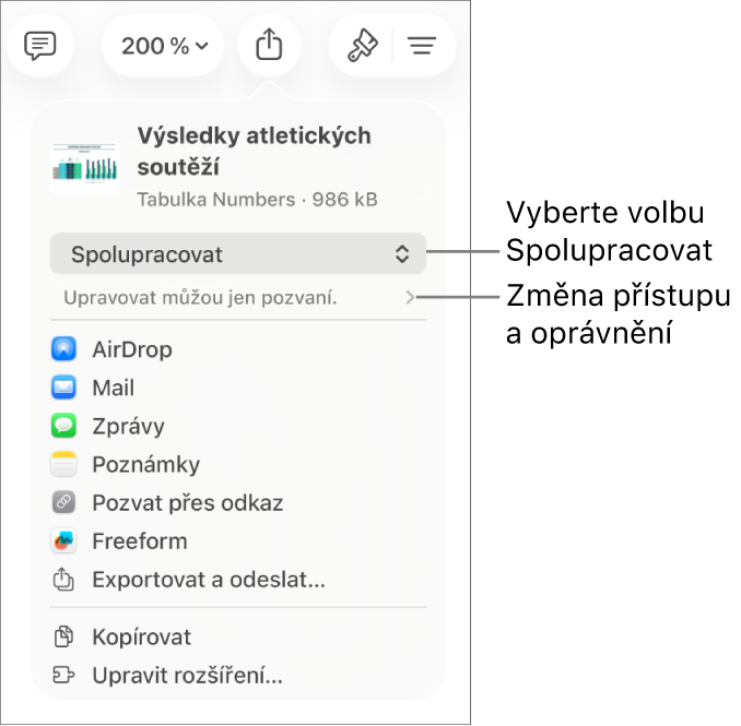 Nabídka sdílení, v níž je nahoře vidět vybraná volba Spolupracovat a pod ní volby pro nastavení přístupu a oprávnění