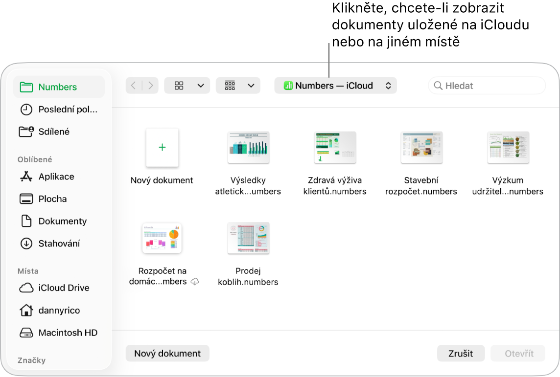 Dialogové okno Otevřít s otevřeným bočním panelem vlevo a iCloud Drivem vybraným v horní místní nabídce. Kromě tlačítka Nový dokument okno obsahuje složky pro Keynote, Numbers a Pages.