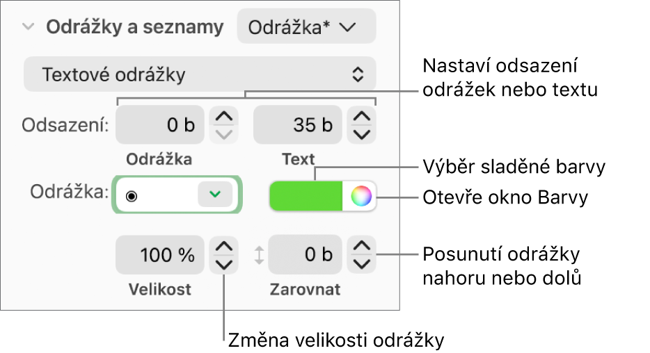 Sekce Odrážky a seznamy s popisky ovládacích prvků pro odsazení odrážek a textu, barvu odrážek, jejich velikost a zarovnání