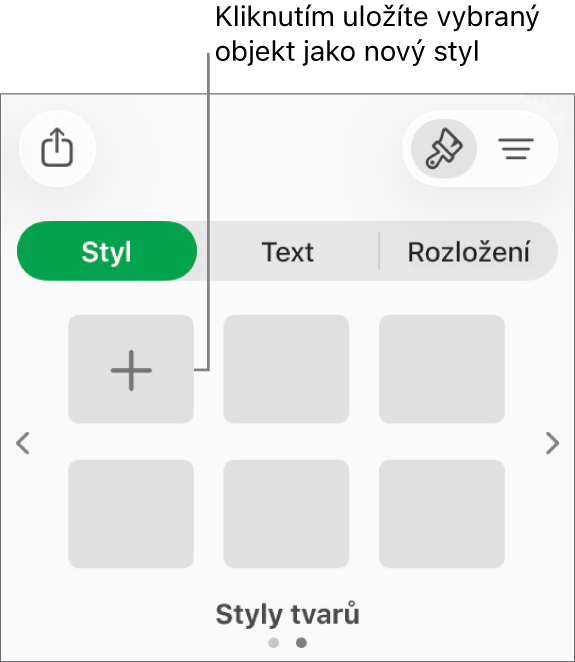 Panel Styl na bočním panelu Formát s čtyřmi styly obrázků, tlačítkem Vytvořit styl a prázdnou maketou stylu.