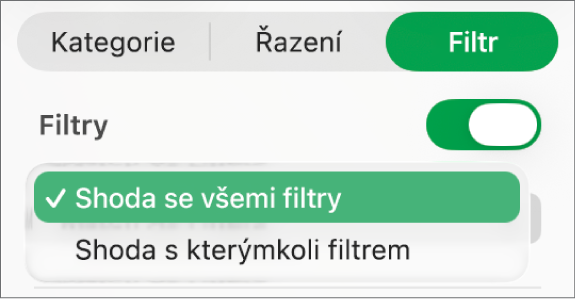Místní nabídka pro výběr mezi zobrazením řádků, které vyhovují všem filtrům nebo libovolnému filtru