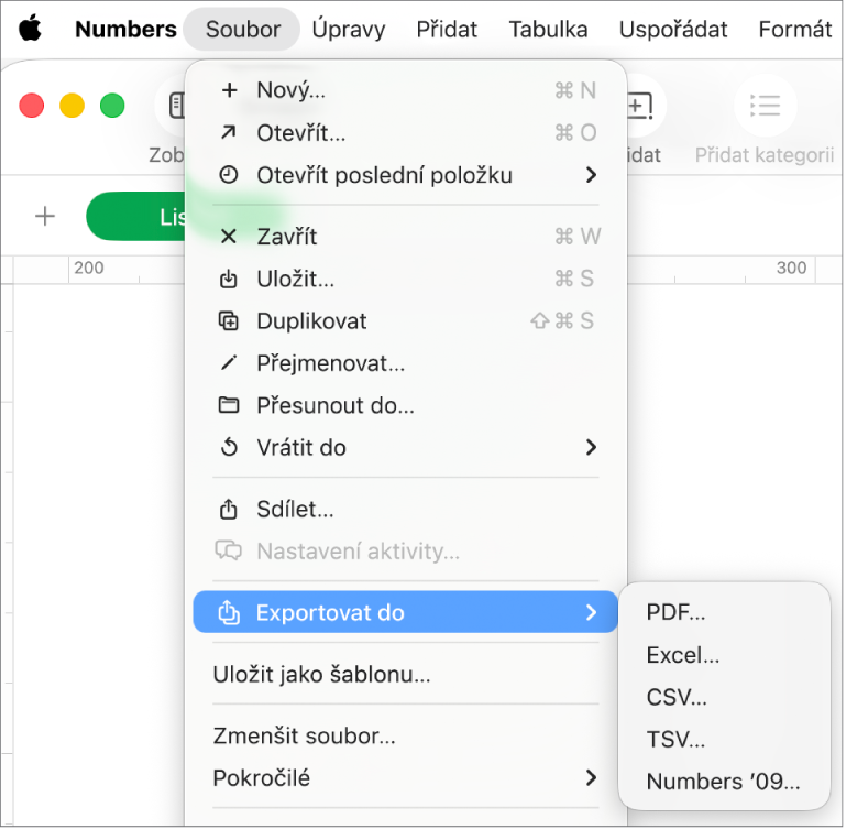 Otevřená nabídka Soubor s vybranou volbou Exportovat do a podnabídkou s volbami exportu, například PDF, Excel nebo CSV