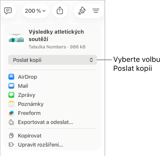 Nabídka sdílení, v níž je nahoře vybraná volba Poslat kopii