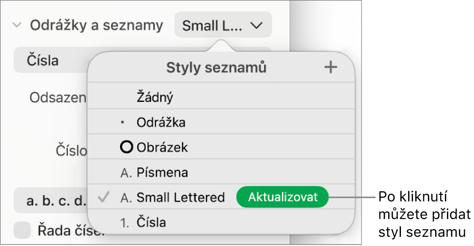 Místní nabídka Styly seznamů s tlačítkem Aktualizovat u názvu nového stylu