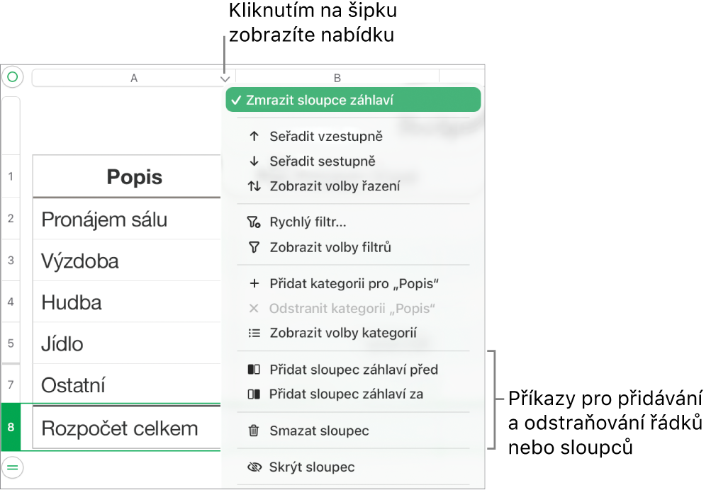 Nabídka sloupců tabulky s příkazy pro přidávání a mazání řádků a sloupců