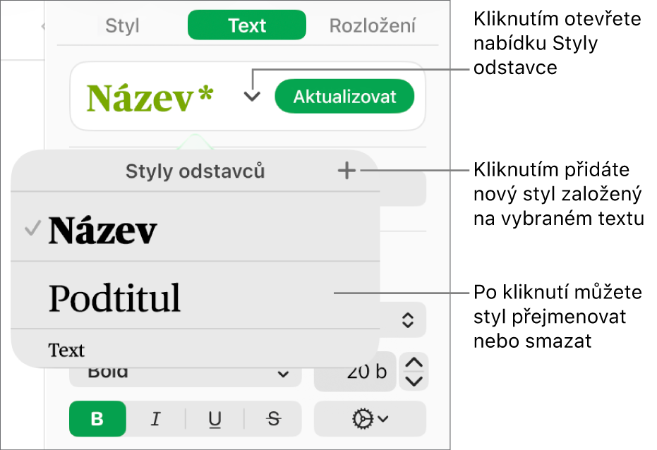 Nabídka Styly odstavců s ovládacími prvky pro přidání nebo změnu stylu