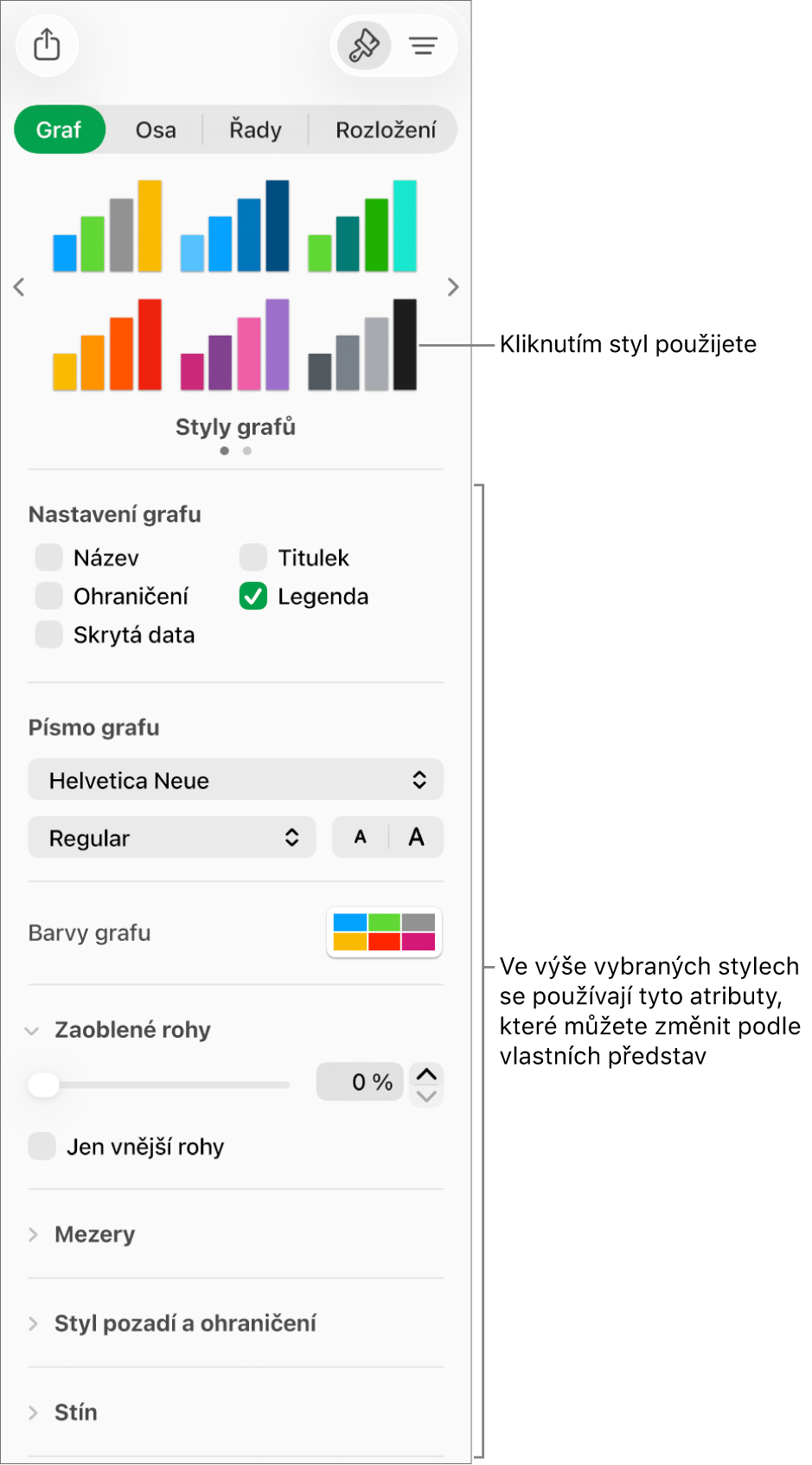 Boční panel Formát s ovládacími prvky pro formátování grafů