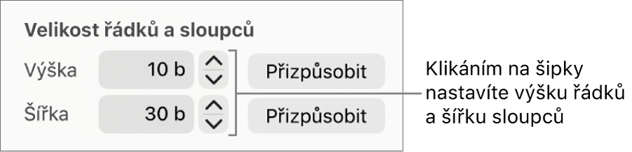 Ovládací prvky pro nastavení přesné velikosti řádků nebo sloupců