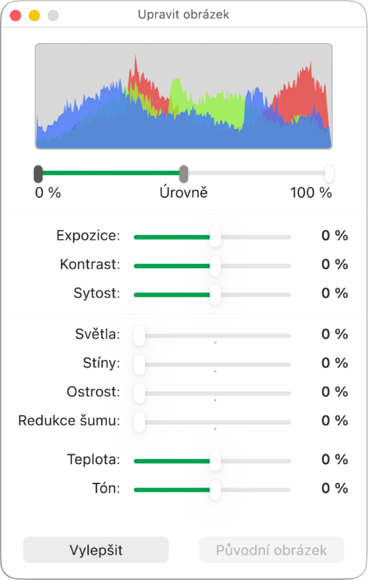 Okno Upravit obrázek s jezdci umožňujícími nastavit expozici, kontrast, sytost, světlá místa, stíny, ostrost, úroveň šumu, teplotu nebo tónování