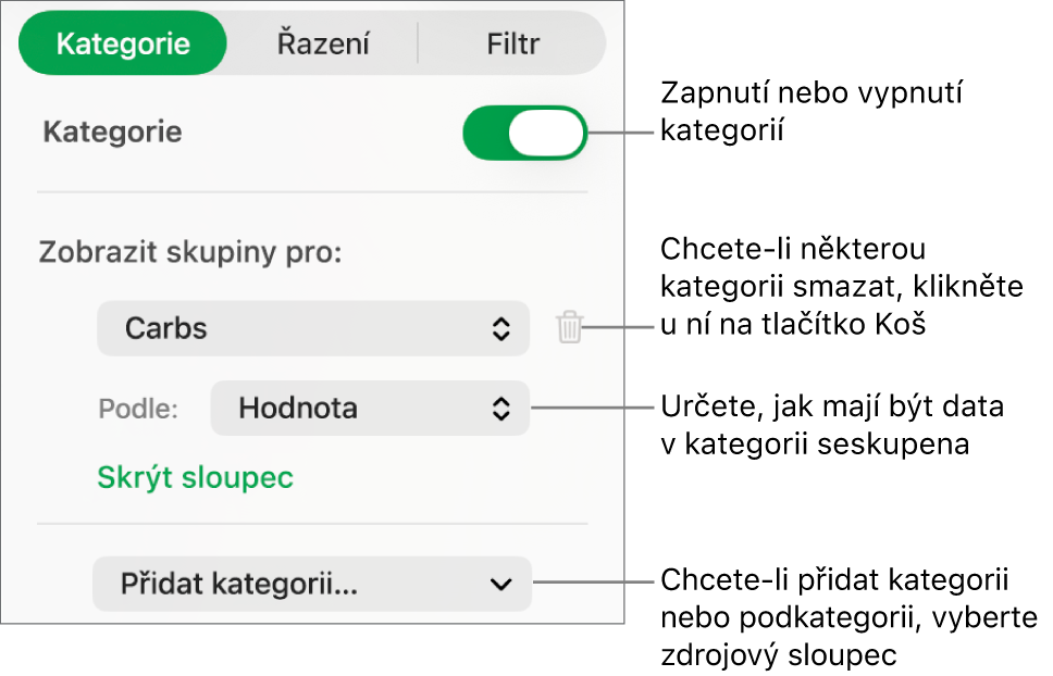 Boční panel kategorií s volbami pro vypnutí kategorií, smazání kategorií, přeskupení dat, skrytí zdrojového sloupce a přidání kategorií