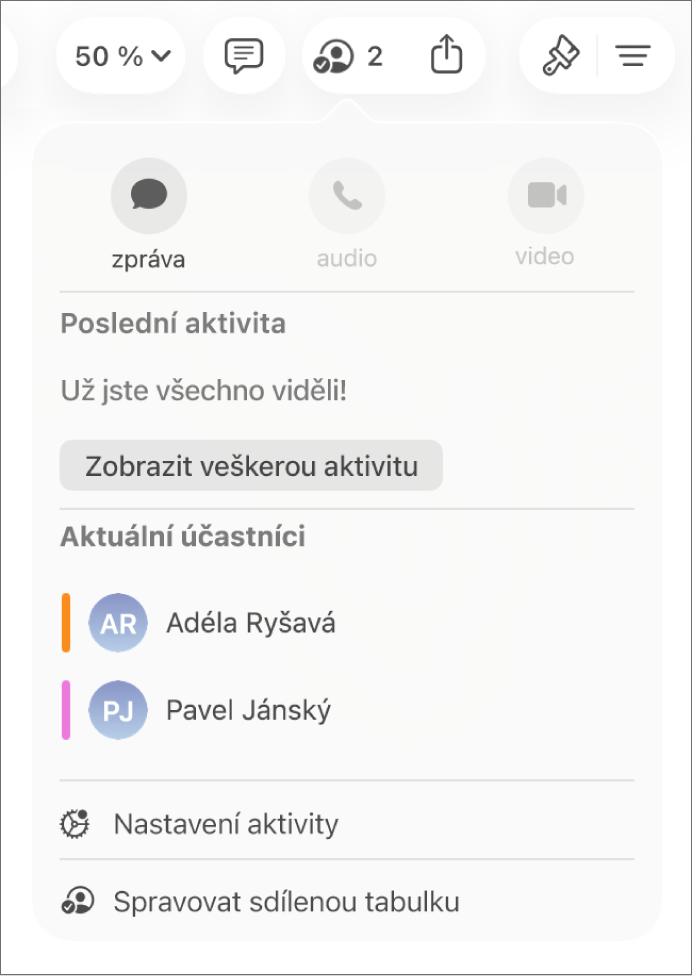 Nabídka spolupráce se zobrazenými jmény uživatelů, kteří na tabulce spolupracují.
