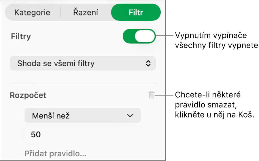 Ovládací prvky pro smazání některého filtru nebo vypnutí všech filtrů