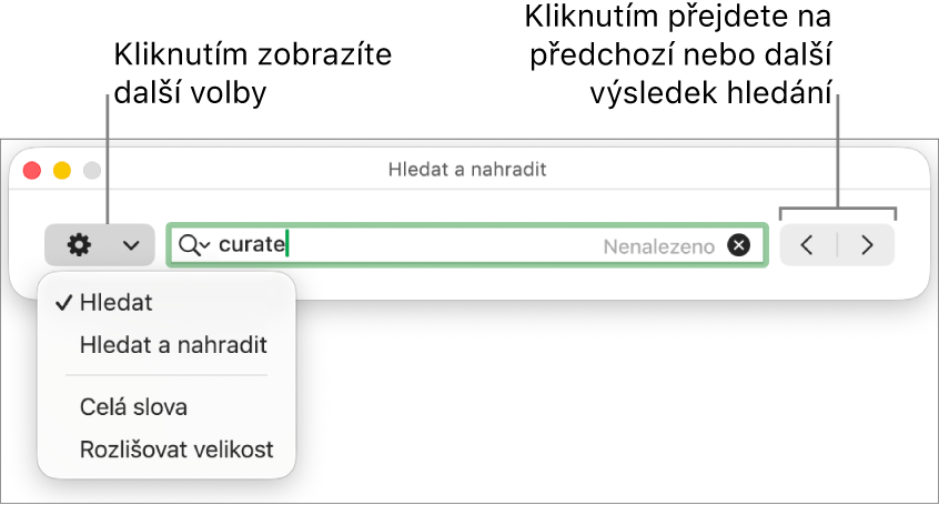 Okno Hledat a nahradit s místní nabídkou obsahující volby Hledat, Hledat a nahradit, Celá slova a Rozlišovat velikost. Pomocí šipek na pravé straně můžete přejít na předchozí nebo následující výsledek hledání.