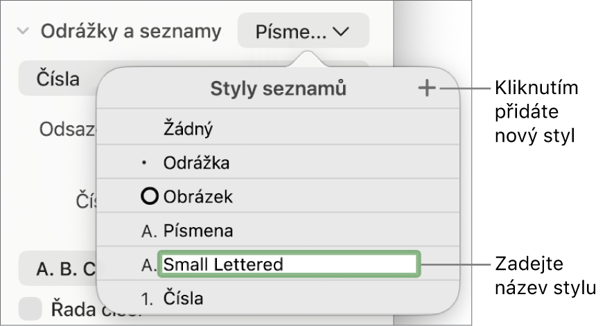 Nabídka Styly seznamů s tlačítkem Přidat v pravém horním rohu a maketou názvu stylu s vybraným textem